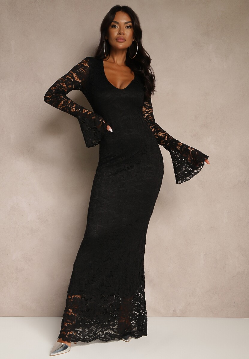 Czarna Dopasowana Sukienka Zdobiona Koronką z Rozszerzanym Dołem Hannalis