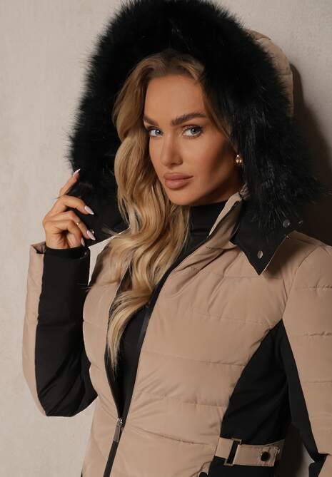 Ciemnobeżowa Taliowana Kurtka z Pikowanym Przeszyciem i Kapturem z Futerkiem Sagiola