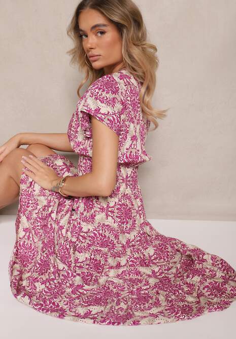 Różowa Rozkloszowana Sukienka z Bawełny z Gumką w Talii Desanita