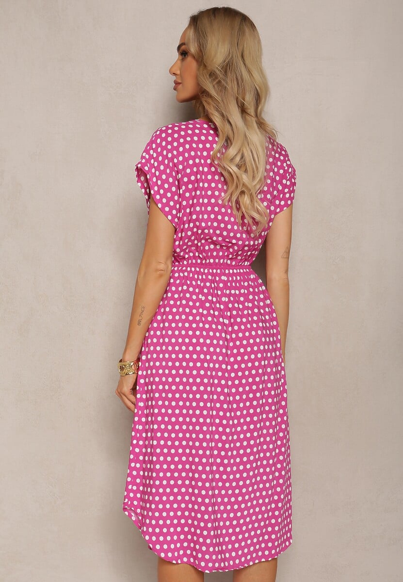 Różowa Sukienka z Bawełny o Rozkloszowanym Kroju z Gumką w Talii Emilla