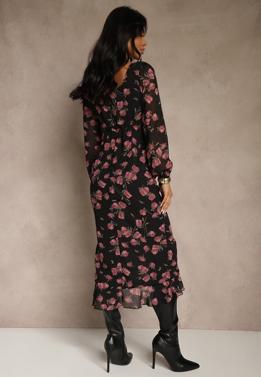 Czarno-Różowa Sukienka VICES o Taliowanym Kroju z Falbankami i Bufiastymi Rękawami Tevite