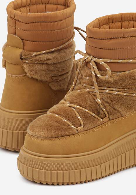 Jasnobrązowe Śniegowce na Platformie z Tłoczeniem Ozdobione Futerkiem i Pikowaniem Adallie