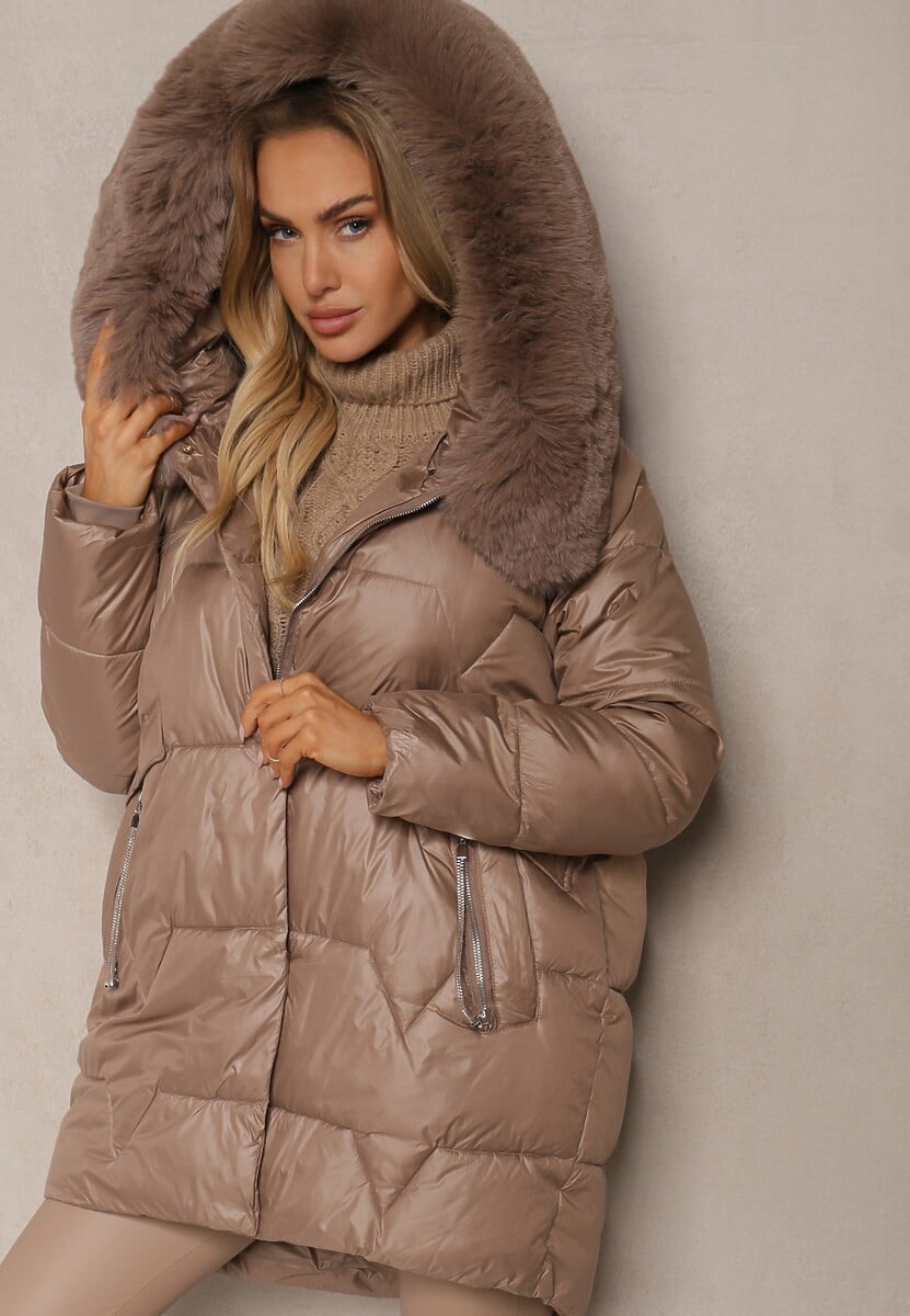 Brązowa Pudełkowa Kurtka Pikowana Ozdobiona Odpinanym Futerkiem i Suwakiem Hedizelle