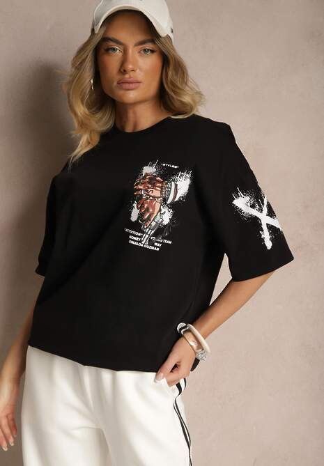 Czarna Koszulka Oversize z Bawełny Zdobiona Nadrukiem Nilravia