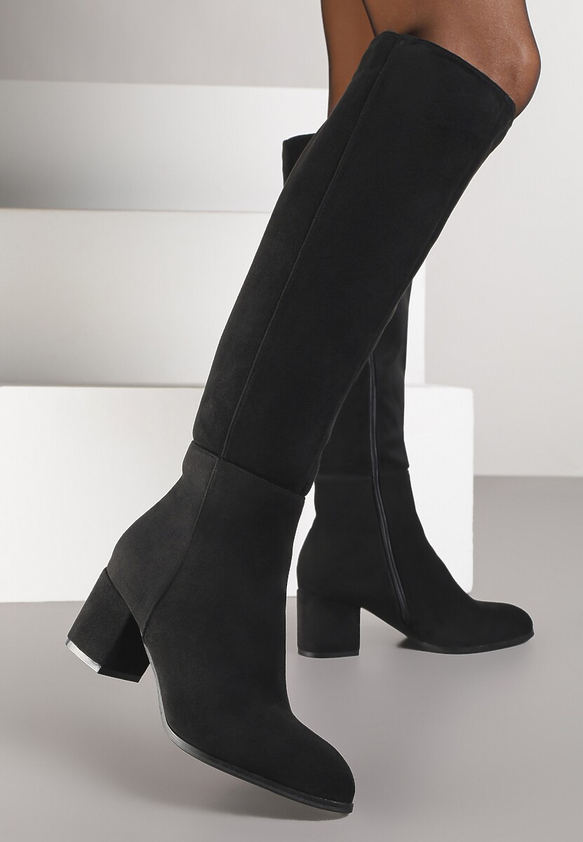 Czarne Kozaki Vices z Imitacji Zamszu na Niskim Obcasie Typu Słupek Ilovea