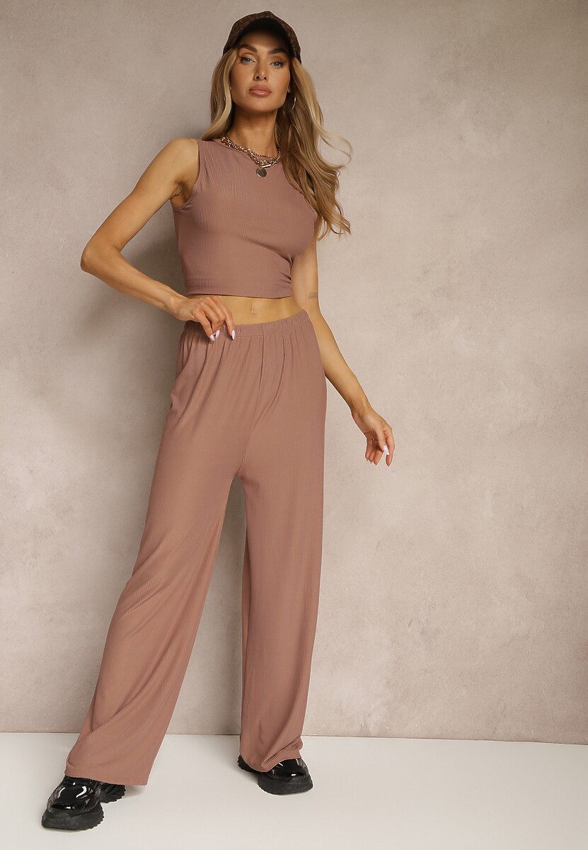 Ciemnozielony Prążkowany Komplet Top o Dopasowanym Kroju i Szerokie Spodnie Miraselia