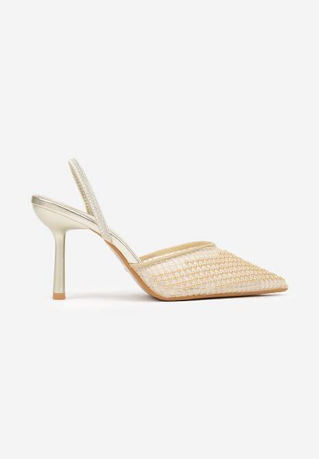 Złote Sandały na Szpilce z Siateczkowym Noskiem z Aplikacją z Perełek Aurifera