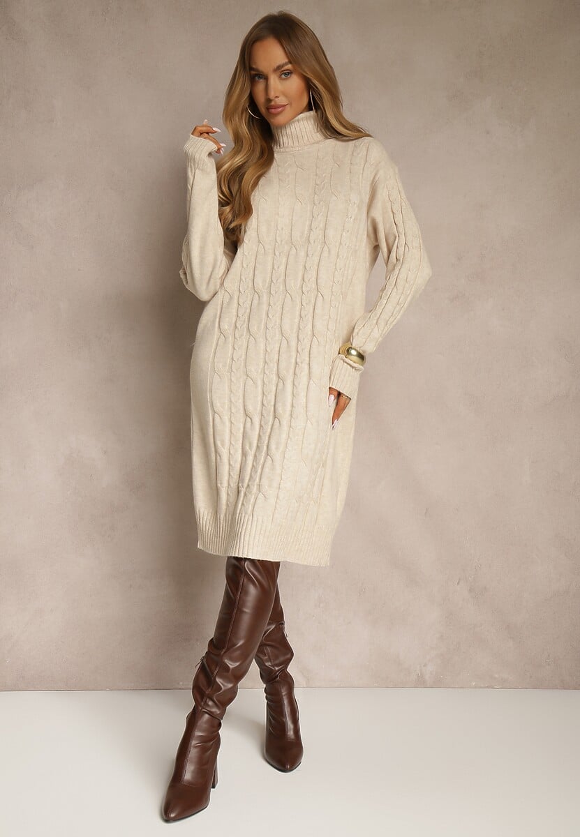 Jasnobeżowa Sukienka Sweterkowa z Golfem Wełną  Bawełną i Ozdobnym Splotem Reilenea