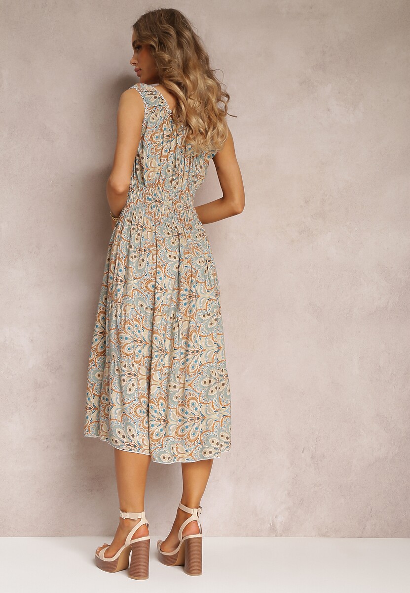 Miętowo-Brązowa Kwiecista Sukienka Midi z Cienkimi Gumkami w Talii i Falbankami Jallia