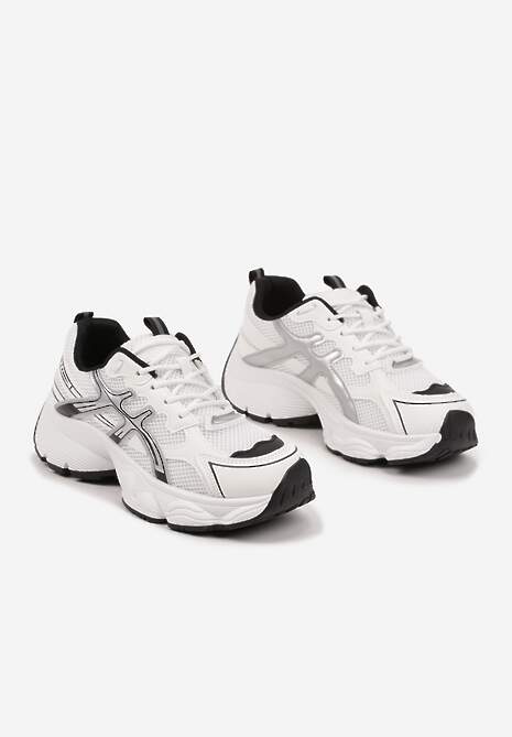 Biało-Czarne Sneakersy na Platformie z Tłoczeniem i Ozdobnymi Paskami Tatormira