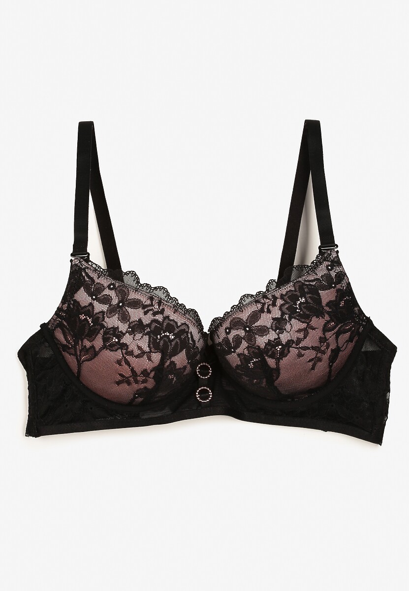 Czarno-Różowy Biustonosz Push Up Ozdobiony Koronką Temirenna