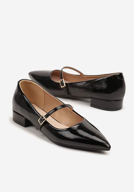 Czarne Balerinki Lakierowane Vices z Wkładką ze Skóry Naturalnej Ozdobione Paskiem Tikkie