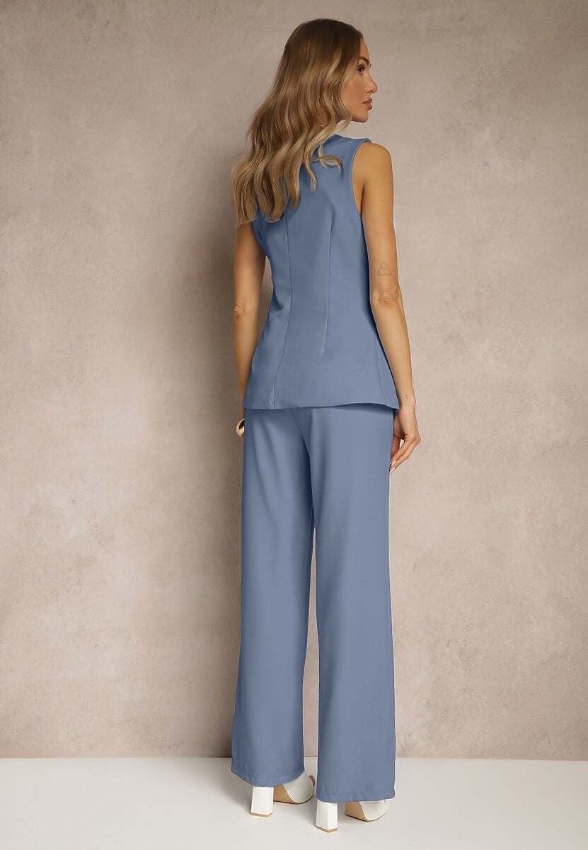 Niebieski Komplet Garniturowy Kamizelka z Ozdobnymi Guzikami i Klasyczne Spodnie Roneira