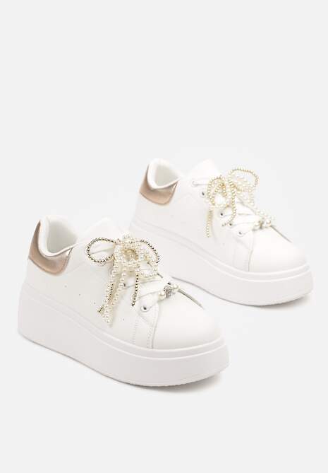 Biało-Szampańskie Sneakersy na Platformie z Perełkami i Metalowymi Kuleczkami Selavia