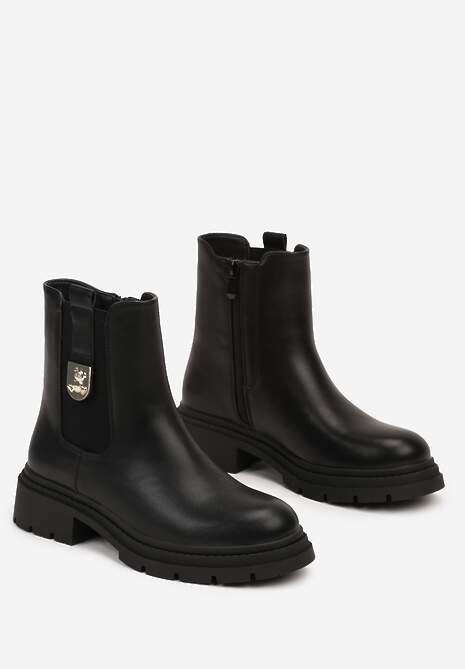 Czarne Botki o Fasonie Sztybletów z Ozdobną Aplikacją na Cholewce Saithra