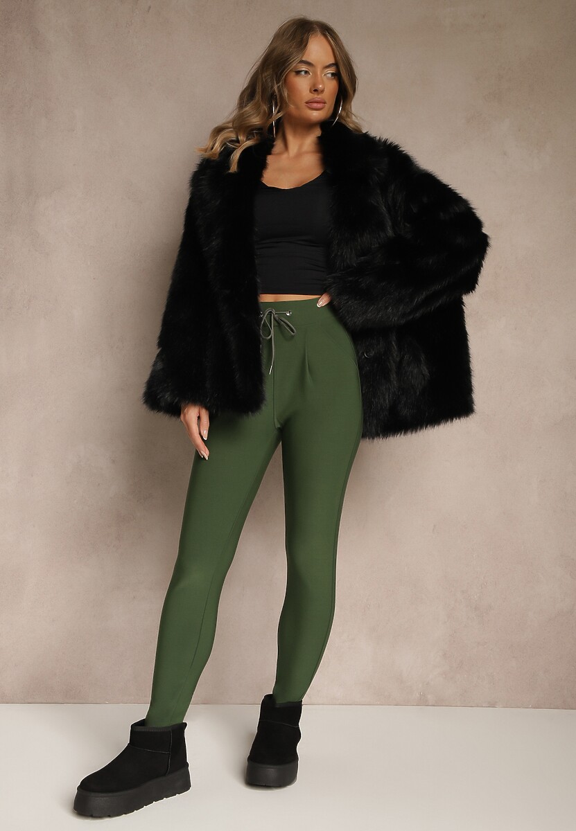 Zielone Dopasowane Spodnie High Waist z Gumką i Wiązaniem w Talii Zelpia