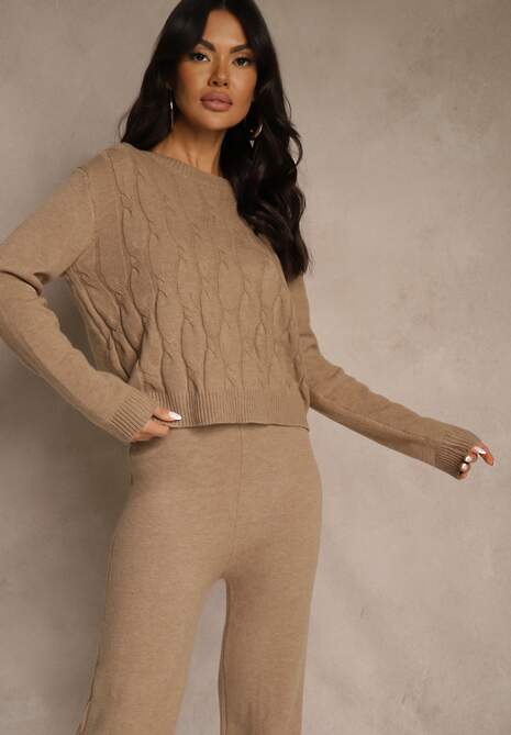 Ciemnobeżowy Dzianinowy Komplet z Wełną Spodnie Wide Leg i Sweter Cropped Nezera