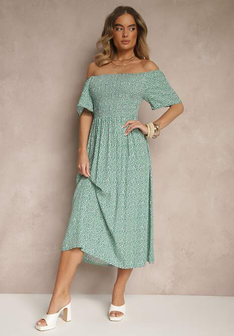 Zielona Bawełniana Sukienka Hiszpanka o Rozkloszowanym Kroju w Kwiaty Sadique