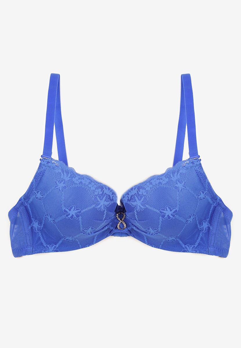 Niebieski Biustonosz Push Up z Koronką i Metaliczną Ozdobą Norirae