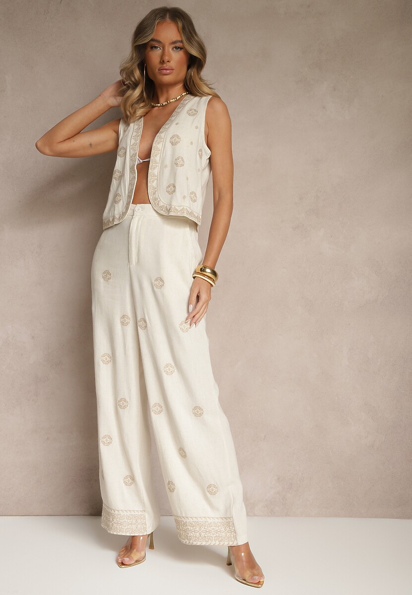 Beżowe Spodnie z Wiskozą i Lnem High Waist o Szerokim Kroju z Haftem Wilirna