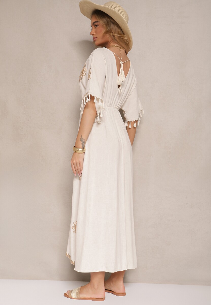 Beżowa Kopertowa Sukienka z Lnu i Wiskozy Zdobiona Haftem i Wiązaniem Deselira