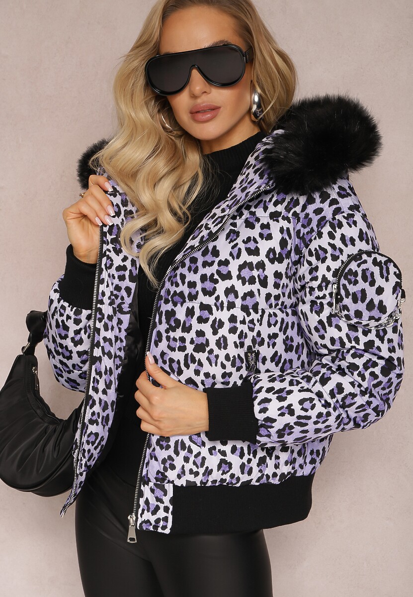 Fioletowa Pikowana Kurtka w Panterkę z Kapturem i Ozdobną Saszetką Sadeve