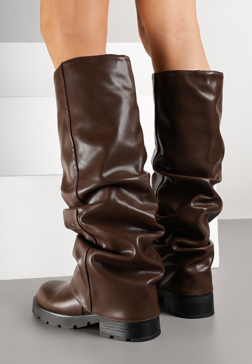 Brązowe Marszczone Kozaki z Cholewką Imitującą Nogawkę Nalomassa