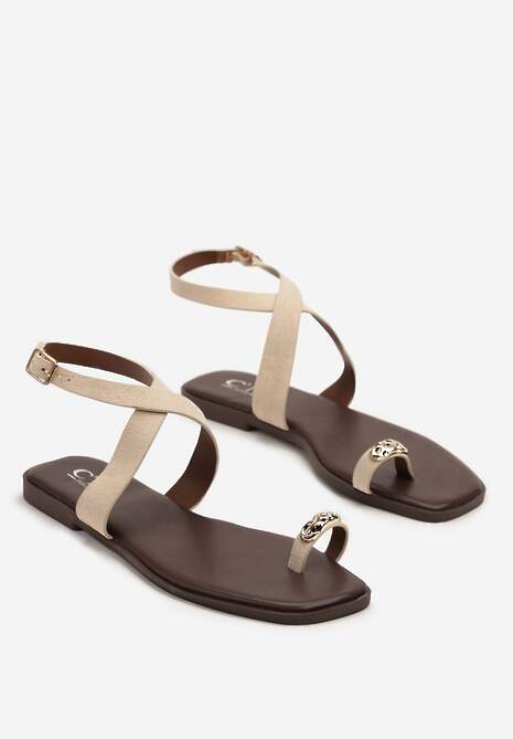 Beżowe Sandały Typu Japonki z Metalicznymi Wstawkami Frolimi