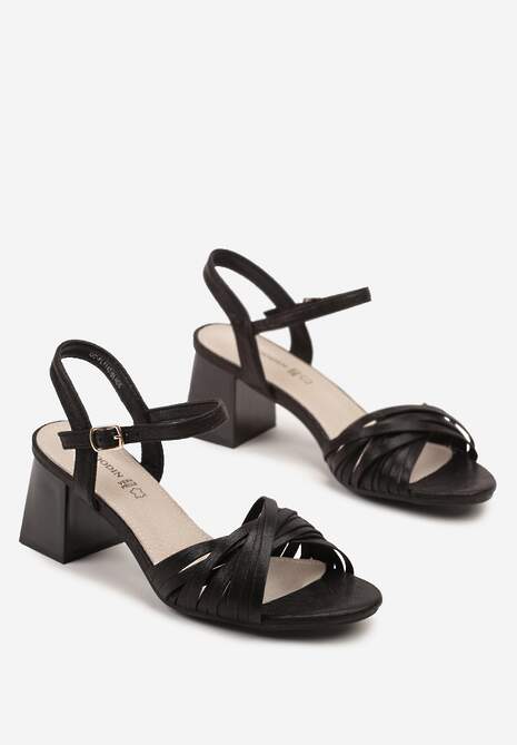 Czarne Sandały na Słupku ze Skórzaną Wkładką i Metalicznym Połyskiem Sonalira
