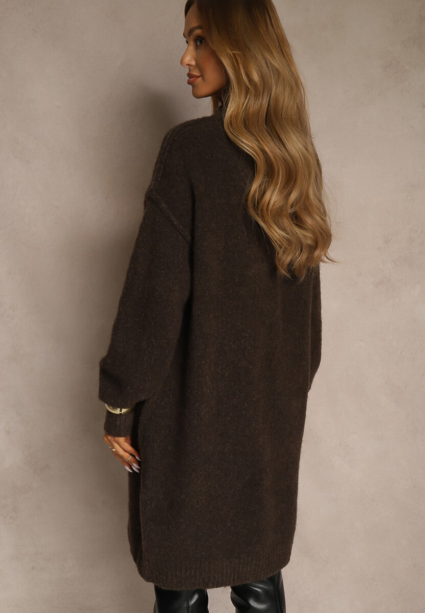 Brązowa Dzianinowa Sukienka z Dodatkiem Wełny o Pudełkowym Kroju Nesava