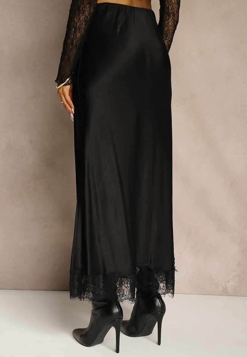 Czarna Wiskozowa Spódnica Satynowa z Koronką Fedore