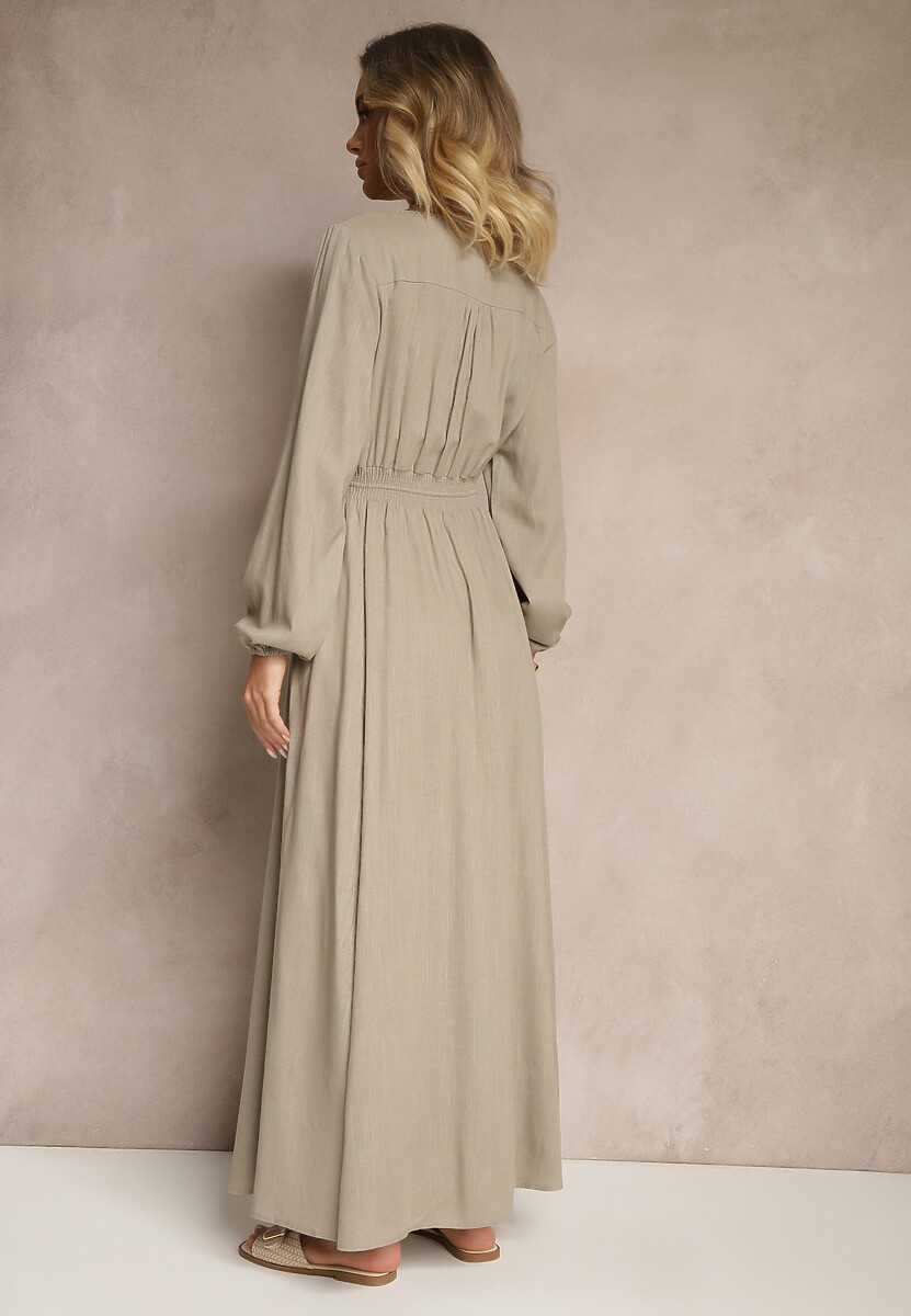 Beżowa Sukienka z Lnem i Wiskozą o Rozkloszowanym Kroju z Ozdobnymi Guzikami Maitena
