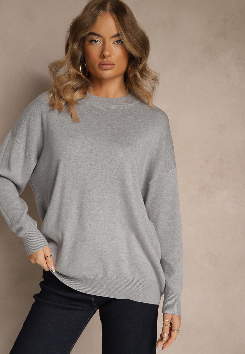 Szary Nietoperzowy Sweter w Minimalistycznym Stylu Raliava