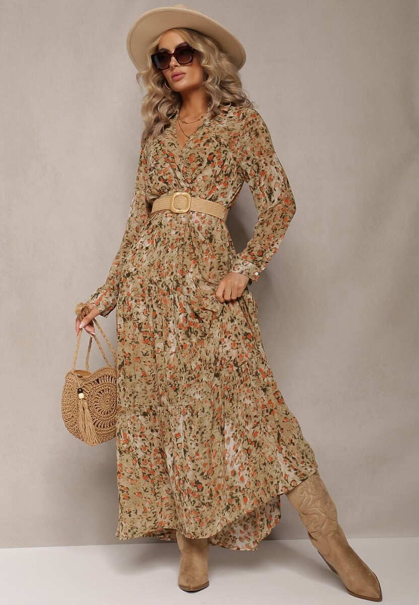 Jasnozielona Sukienka Rozkloszowana z Kopertowym Dekoltem Galateia