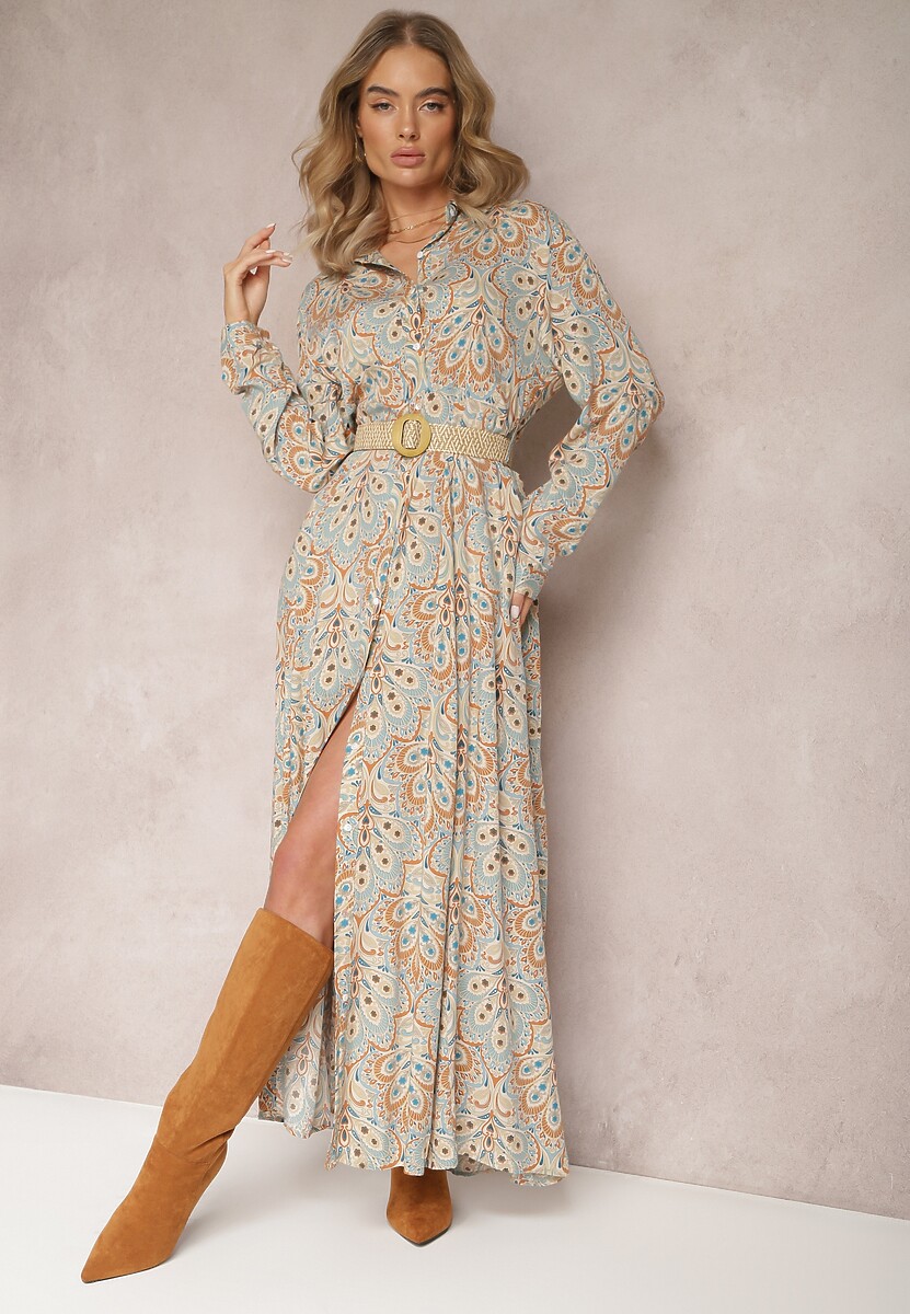 Jasnoniebieska Koszulowa Sukienka z Dodatkowym Paskiem i Podpinanymi Rękawami Alonie