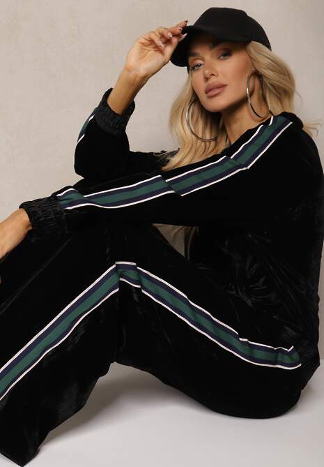 Czarny Welurowy Komplet Dresowy z Bluzą i Spodniami Zdobionymi Lampasem Linvella