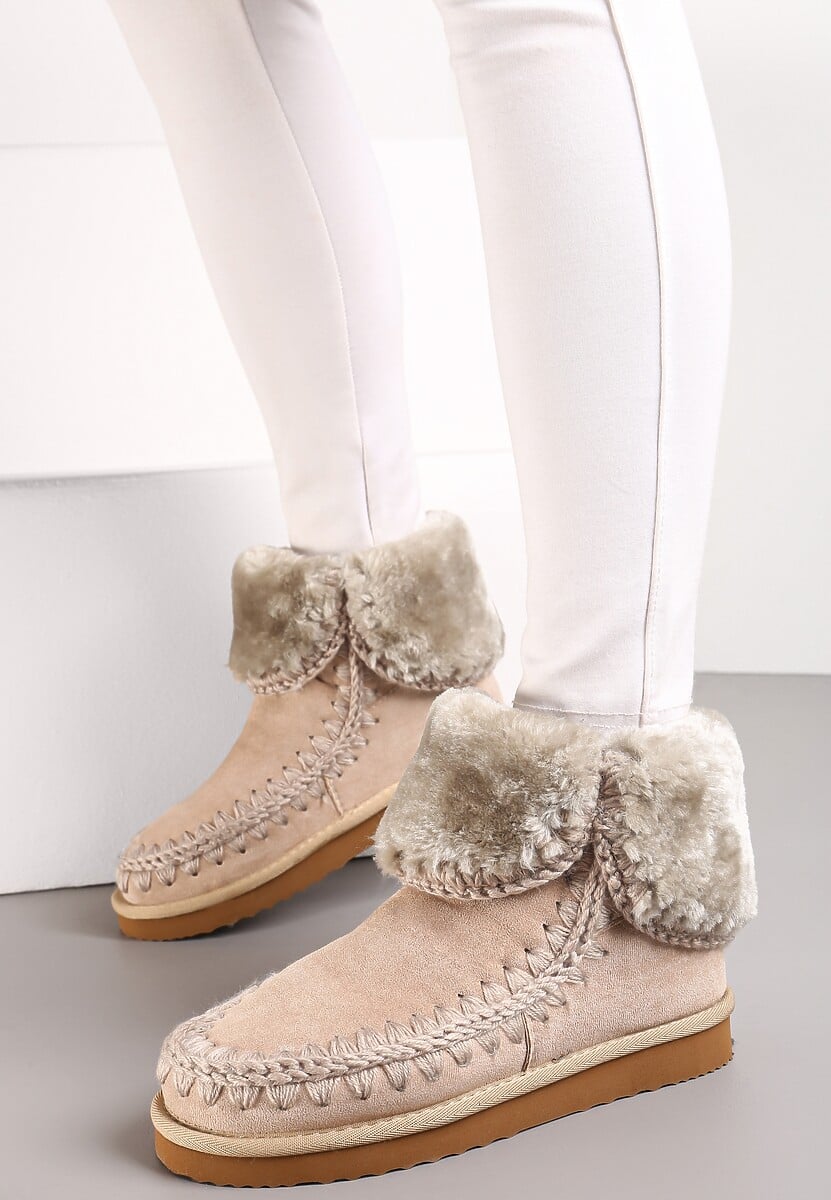 Beżowe Śniegowce za Kostkę z Ozdobnym Futerkiem Catalisa