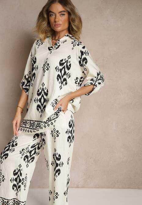 Biały Komplet z Wiskozą Koszula i Spodnie Zdobione Etnicznym Printem Mepina
