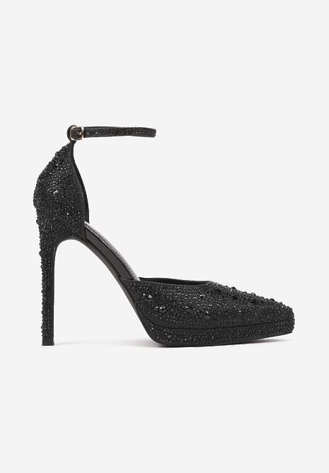 Czarne Brokatowe Szpilki Ozdobione Cyrkoniami Zapinane Wokół Kostki Nelefia