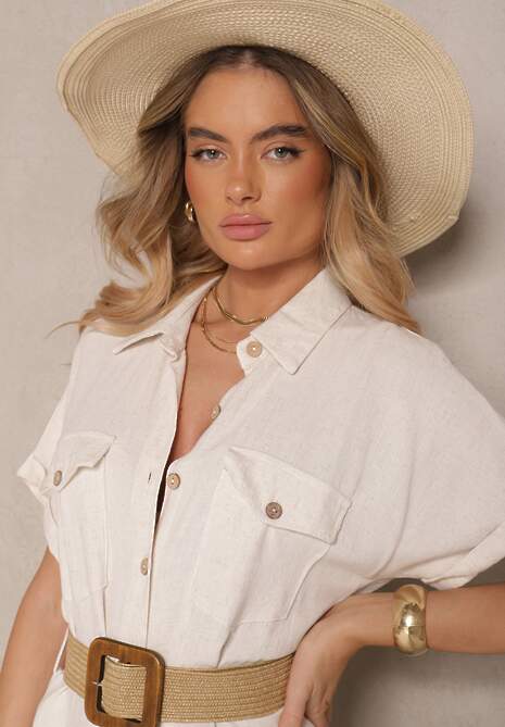 Beżowa Sukienka z Lnu i Wiskozy o Koszulowym Kroju z Paskiem z Klamrą Eladlena