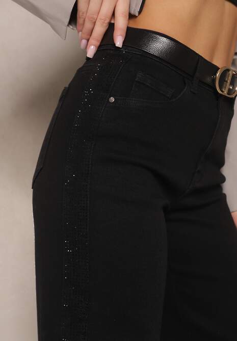 Czarne Szerokie Jeansy High Waist z Cyrkoniowym Zdobieniem Nusamira