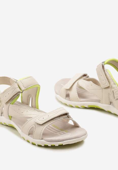 Beżowo-Zielone Sportowe Sandały z Rzepami i Wkładką ze Skóry Naturalnej Marivea