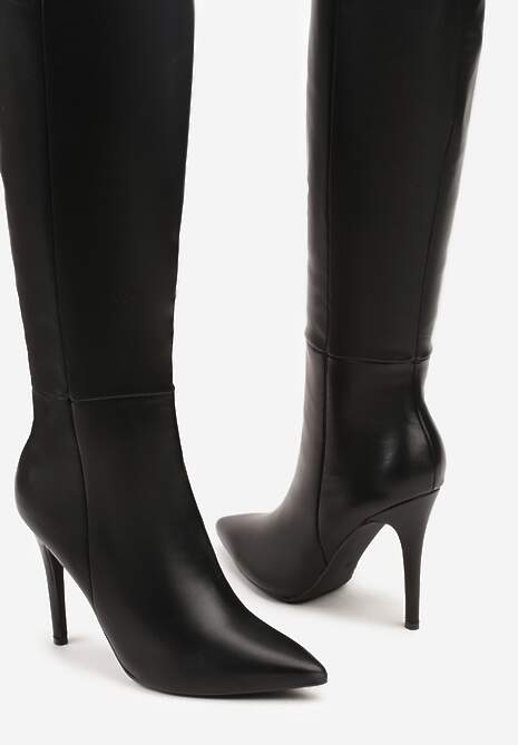 Czarne Kozaki na Szpilce z Dopasowaną Cholewką Alevire