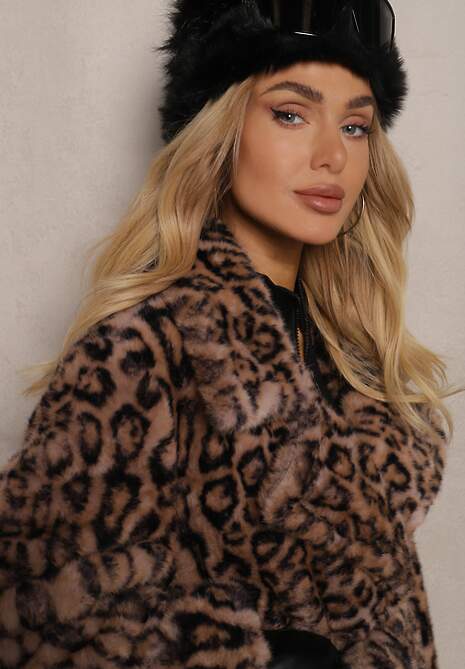 Brązowy Futrzany Płaszcz w Panterkę Wiązany w Talii Paskiem Adelora