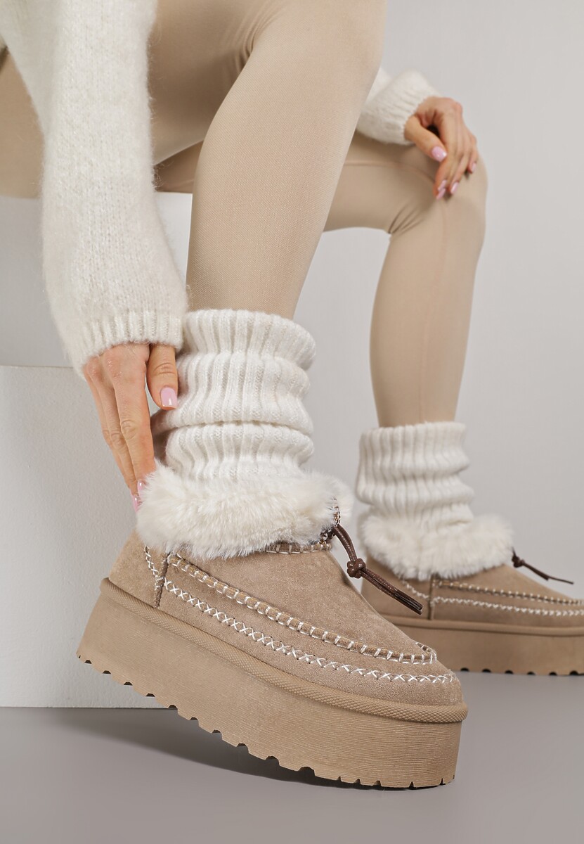 Czarne Śniegowce na Platformie Ozdobione Futerkiem i Przeszyciami Linerva