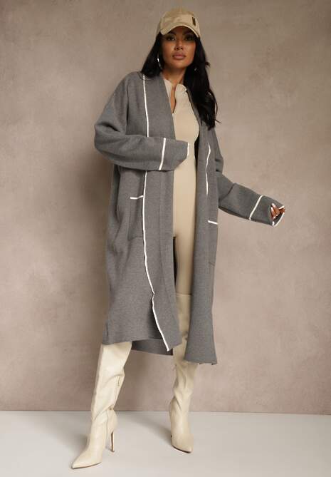 Szary Niezapinany Kardigan o Długim Kroju z Lamówką Venisse