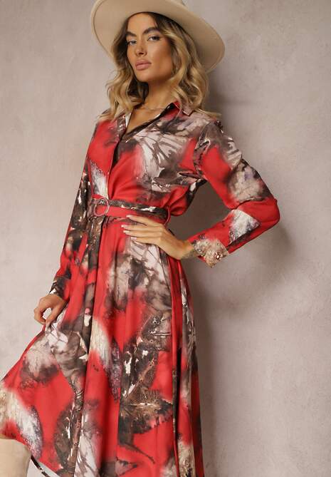 Czerwono-Brązowa Rozkloszowana Sukienka Midi z Paskiem z Klamrą Qirvina