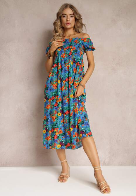 Niebieska Wiskozowa Sukienka Midi O Fasonie Hiszpanki w Kwiatowy Print Ambersen