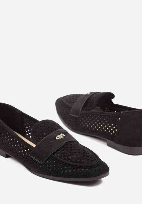 Czarne Klasyczne Mokasyny z Ażurową Cholewką Neovellea