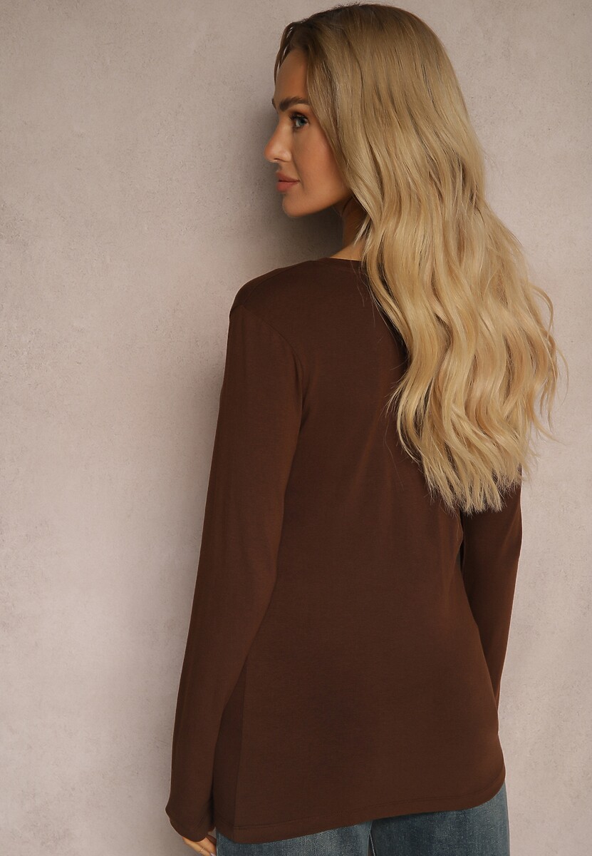 Brązowa Bawełniana Bluzka Typu Longsleeve z Okrągłym Dekoltem Tiathaliea